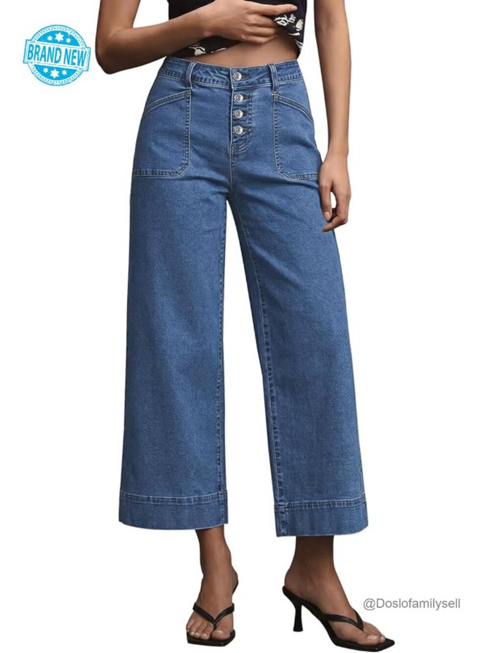 Wide Leg Cropped High Waisted Jeans with Button Fly and Patch Pockets
